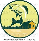Vector Clip Art of Retro Walleye Fish Jumping in Front of a Lake Cabin in a Green and Orange Circle by Patrimonio
