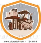 Vector Clip Art of Retro Warehouse Worker Moving a Crate on a Forklift in a Shield by Patrimonio