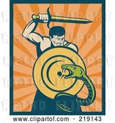 Vector Clip Art of Retro Warrior Slaying a Snake with a Sword by Patrimonio