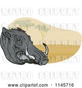 Vector Clip Art of Retro Warthog Head and Landscape by Patrimonio