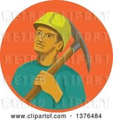 Vector Clip Art of Retro Watercolor Styled Coal Miner with a Pick Axe over His Shoulder, in an Orange Circle by Patrimonio