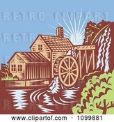Vector Clip Art of Retro Watermill Wheel Mill House on a River by Patrimonio