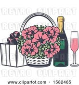 Vector Clip Art of Retro Wedding Basket of Flowers and Champagne with a Gift by Vector Tradition SM