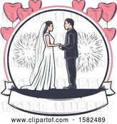 Vector Clip Art of Retro Wedding Couple with Fireworks and Heart Balloons over a Banner by Vector Tradition SM