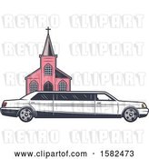 Vector Clip Art of Retro Wedding Limo Parked by a Church by Vector Tradition SM