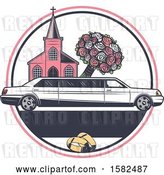 Vector Clip Art of Retro Wedding Limo Parked by a Church, with a Boquet by Vector Tradition SM