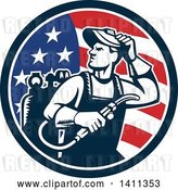 Vector Clip Art of Retro Welder Guy Looking over His Shoulder in an American Flag Circle by Patrimonio