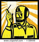Vector Clip Art of Retro Welder Holding a Torch Torch in a Square of Rays by Patrimonio