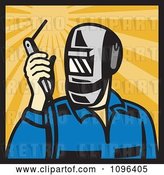 Vector Clip Art of Retro Welder Holding a Welding Torch over Rays by Patrimonio