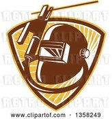 Vector Clip Art of Retro Welder Visor Mask, Rold Holder with Cable and Electrode in a Shield of Sunshine by Patrimonio
