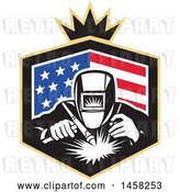Vector Clip Art of Retro Welder Worker in an American Flag Shield with a Crown by Patrimonio