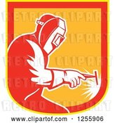 Vector Clip Art of Retro Welder Working in a Red Yellow and Orange Shield by Patrimonio