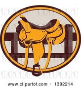Vector Clip Art of Retro Western Saddle on a Fence, in a Brown and Orange Oval by Patrimonio