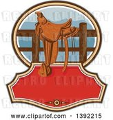 Vector Clip Art of Retro Western Saddle on a Fence over Text Space by Patrimonio