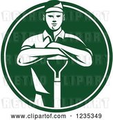 Vector Clip Art of Retro White and Green Gardener Guy Resting on a Shovel in a Circle by Patrimonio