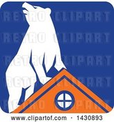 Vector Clip Art of Retro White Bear on Top of an Orange House in a Blue Square by Patrimonio