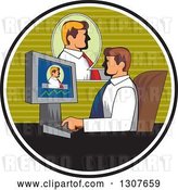 Vector Clip Art of Retro White Business Man Having a Video Conference at Work, Inside a Circle by Patrimonio