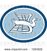 Vector Clip Art of Retro White Crane Flying in a Blue Oval by Patrimonio
