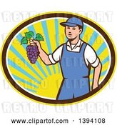 Vector Clip Art of Retro White Farmer Boy Holding Purple Grapes in a Sunny Oval by Patrimonio