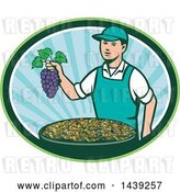 Vector Clip Art of Retro White Farmer Boy Holding Purple Grapes over a Bowl of Raisins in an Oval by Patrimonio