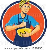 Vector Clip Art of Retro White Female Chef or Baker Holding a Mixing Bowl in a Blue White and Orange Circle by Patrimonio
