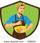 Vector Clip Art of Retro White Female Chef or Baker Holding a Mixing Bowl in a Brown and Green Shield by Patrimonio