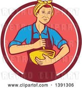 Vector Clip Art of Retro White Female Chef or Baker Holding a Mixing Bowl in a Pink and White Circle by Patrimonio