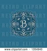 Vector Clip Art of Retro White Frame with Swirls and a Letter B Monogram over Blue by KJ Pargeter