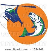 Vector Clip Art of Retro White Green and Blue Barramundi Asian Sea Bass Fish Jumping and Swallowing a Fishing Line Attached to a Helicopter by Patrimonio