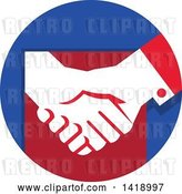 Vector Clip Art of Retro White Hands Shaking in a Red and Blue Circle by Patrimonio