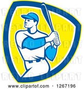 Vector Clip Art of Retro White Male Baseball Player Batting Inside a Yellow Blue and White Shield by Patrimonio
