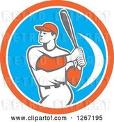 Vector Clip Art of Retro White Male Baseball Player Batting Inside an Orange White and Blue Circle by Patrimonio