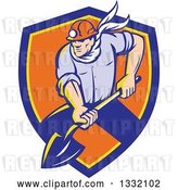 Vector Clip Art of Retro White Male Coal Miner Digging with a Spade Shovel, with Light Shining from His Helmet, in a Blue Yellow and Orange Shield by Patrimonio