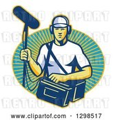Vector Clip Art of Retro White Male Film Crew Sound Guy Emerging from a Sunshine Oval by Patrimonio