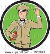 Vector Clip Art of Retro White Male Gas Station Attendant Jockey Holding a Nozzle and Waving in a Black White and Green Circle by Patrimonio