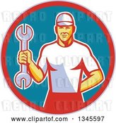 Vector Clip Art of Retro White Male Mechanic Holding a Wrench in a Circle by Patrimonio