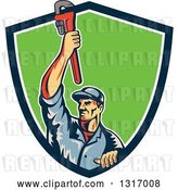 Vector Clip Art of Retro White Male Plumber Holding up a Monkey Wrench and Emerging from a Blue White and Green Shield by Patrimonio