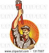 Vector Clip Art of Retro White Male Plumber Holding up a Monkey Wrench and Emerging from a Sunset Ray Circle by Patrimonio