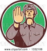 Vector Clip Art of Retro White Male Police Officer Gesturing Stop with His Hand Inside a Brown White and Green Circle by Patrimonio