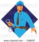 Vector Clip Art of Retro White Male Police Officer Holding Cuffs in a Blue Diamond by Patrimonio