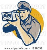 Vector Clip Art of Retro White Male Police Officer Using a Speed Radar Camara and Emerging from a Yellow Circle by Patrimonio