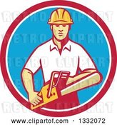 Vector Clip Art of Retro White Male Tree Surgeon Arborist Holding a Chainsaw in a Red White and Blue Circle by Patrimonio