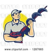 Vector Clip Art of Retro White Male Worker Holding a Hole Driller over a Yellow Circle by Patrimonio