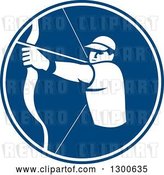 Vector Clip Art of Retro White Silhouetted Archer Aiming a Bow and Arrow in a Blue Circle by Patrimonio