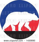 Vector Clip Art of Retro White Silhouetted Grizzly Bear Walking in a Blue, Red and Black Circle by Patrimonio