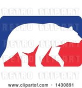Vector Clip Art of Retro White Silhouetted Grizzly Bear Walking in a Red and Blue Rectangle by Patrimonio