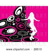 Vector Clip Art of Retro White Silhouetted Lady Dancing on a Wave of Pink, Circles over a Pink Background by KJ Pargeter
