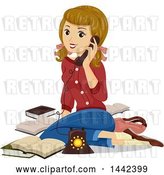 Vector Clip Art of Retro White Teenage Girl Sitting on the Floor and Talking on the Phone by BNP Design Studio
