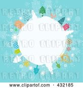 Vector Clip Art of Retro White Winter Globe Circled in Snowmen, Trees, Angels, and Gifts on Blue by KJ Pargeter