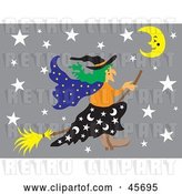 Vector Clip Art of Retro Wicked Witch Flying Through a Gray Starry Night on Her Broom Stick by Pauloribau